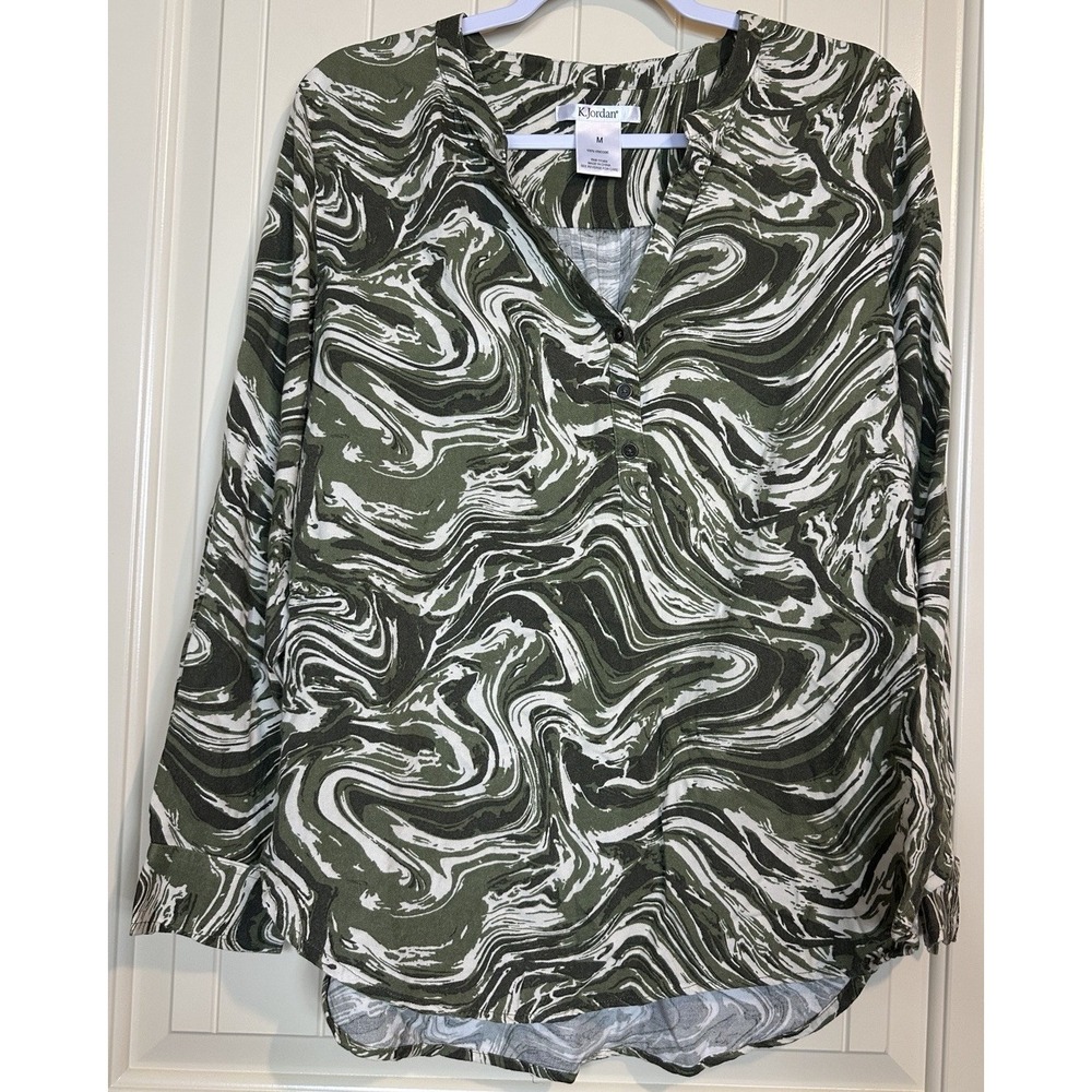 K. Jordan green Popover v-neck long Sleeve Tunic top blouse shirt sz M GUC